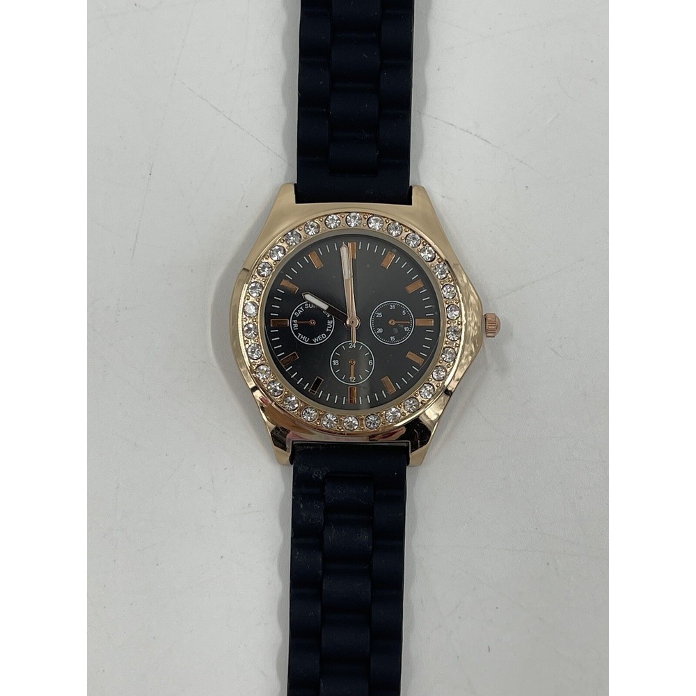 Women's Rose Gold Tone Claire's‎ watch, Black Poly Band Crystal Accents - Picture 2 of 7